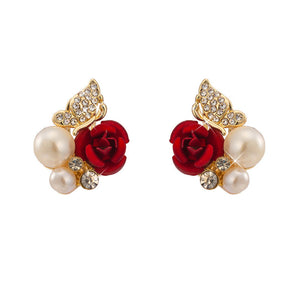 Women Red Roses Butterfly Pearl Earrings