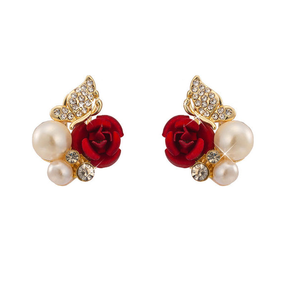Women Red Roses Butterfly Pearl Earrings