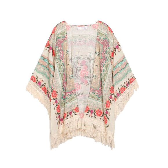 Girls Floral Printing Long Lose Knitted Cape Sweater